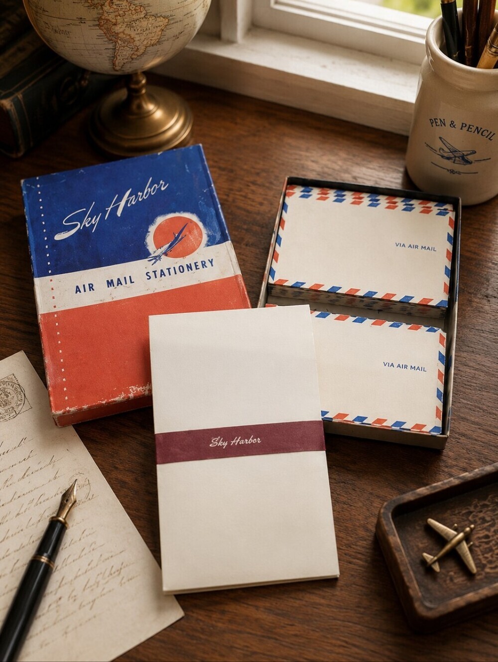 Vintage Sky Harbor Air Mail Stationery Set MCM Aviation Writing Paper & Envelope